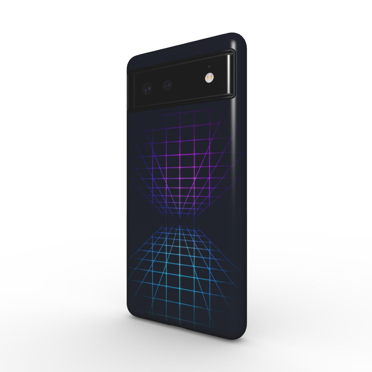Husă Tough Google Pixel cu design geometric grid mov-albastru, vedere spate pe fundal alb