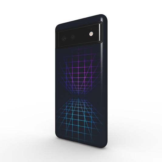 Husă Tough Google Pixel cu design geometric grid mov-albastru, vedere spate pe fundal alb