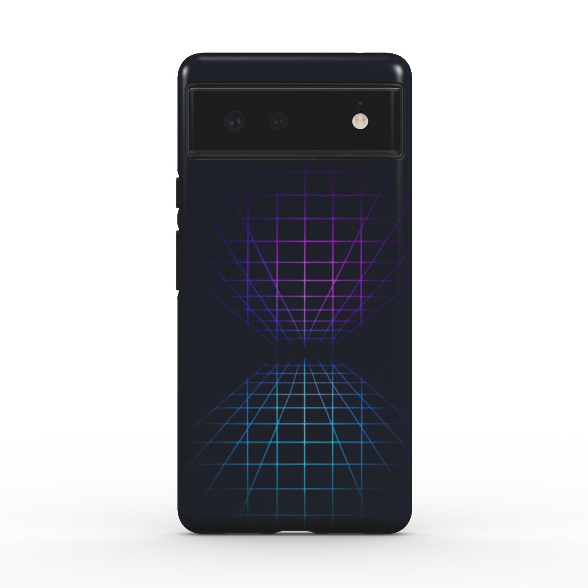 Husă Tough Google Pixel cu design geometric grid mov-albastru, vedere spate pe telefon pe fundal alb