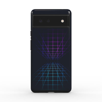 Husă Tough Google Pixel cu design geometric grid mov-albastru, vedere spate pe telefon pe fundal alb
