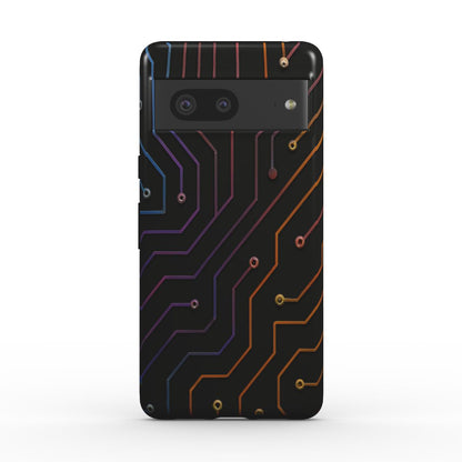 Husă Tough Pixel 7, vedere spate, design tech cu circuite electronice colorate
