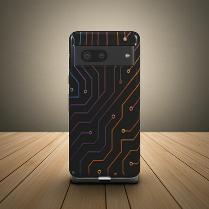 Husă Tough Pixel 7, vedere spate, design tech cu circuite electronice colorate