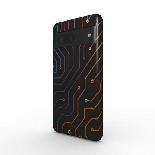 Husă Tough Pixel 7, vedere față, design tech cu circuite electronice colorate