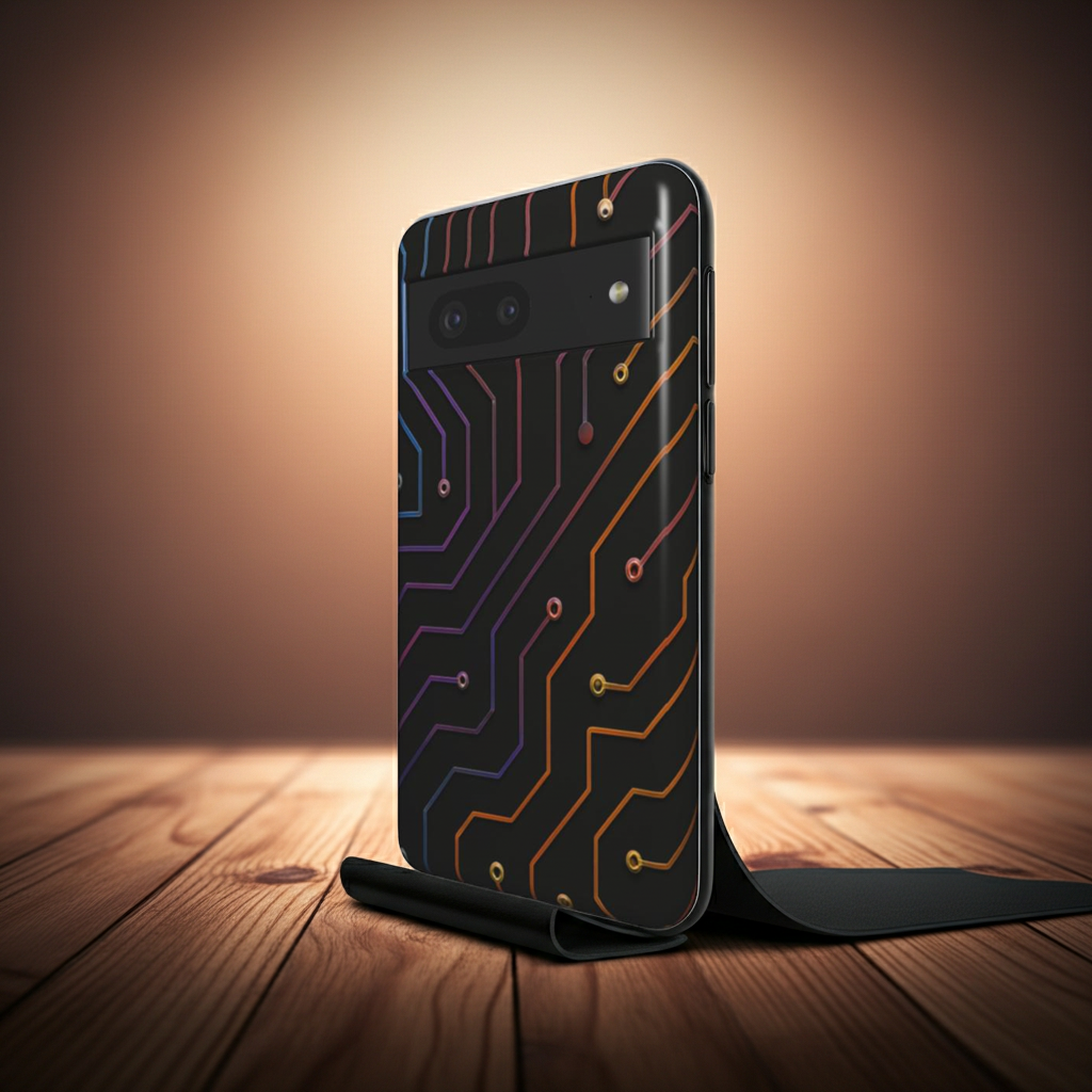 Husă Tough Pixel 7, vedere față, design tech cu circuite electronice colorate