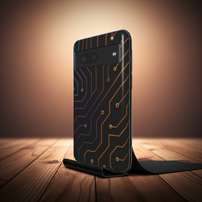 Husă Tough Pixel 7, vedere față, design tech cu circuite electronice colorate