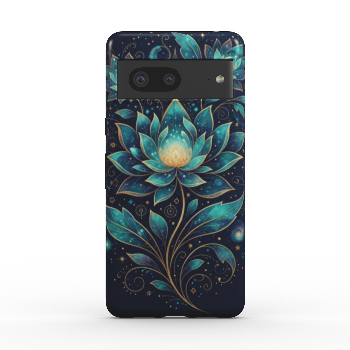 Husă Tough pentru Pixel 7, vedere spate, design cosmic cu lotuși strălucitori