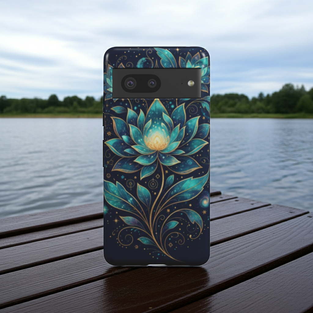 Husă Tough pentru Pixel 7, vedere spate, design cosmic cu lotuși strălucitori