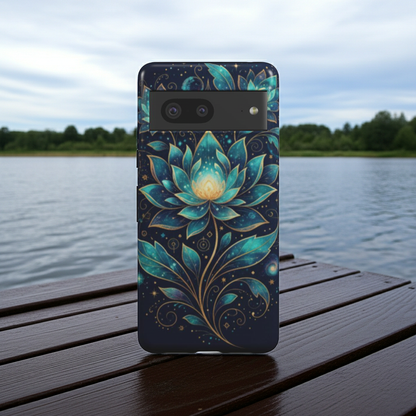 Husă Tough pentru Pixel 7, vedere spate, design cosmic cu lotuși strălucitori