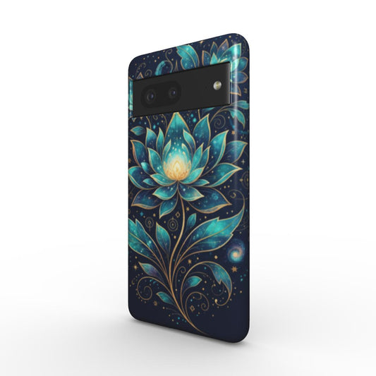 Husă Tough pentru Pixel 7, vedere față, design cosmic cu lotuși strălucitori