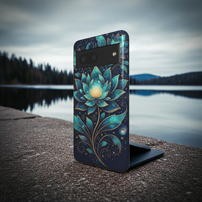 Husă Tough pentru Pixel 7, vedere față, design cosmic cu lotuși strălucitori