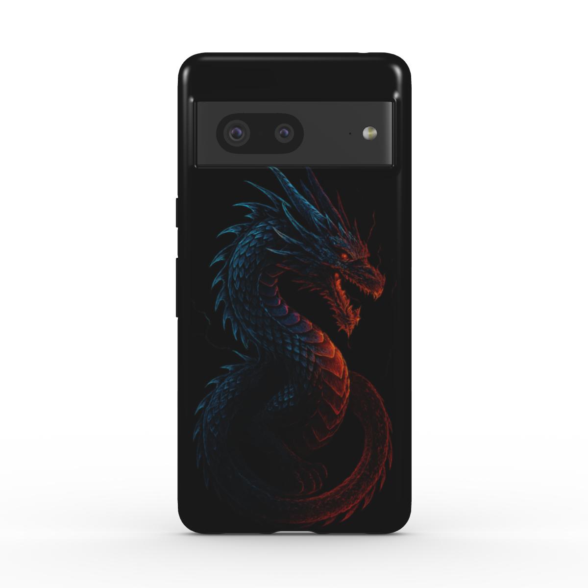 Husă Tough Pixel 7, vedere spate, design dragon pe fundal negru