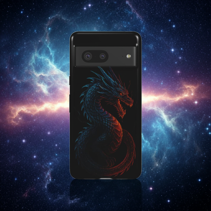 Husă Tough Pixel 7, vedere spate, design dragon pe fundal negru