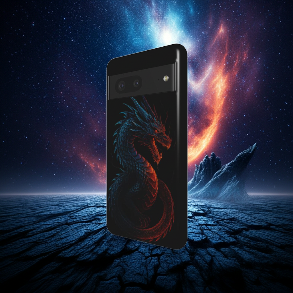 Husă Tough Pixel 7, vedere față, design dragon pe fundal negru