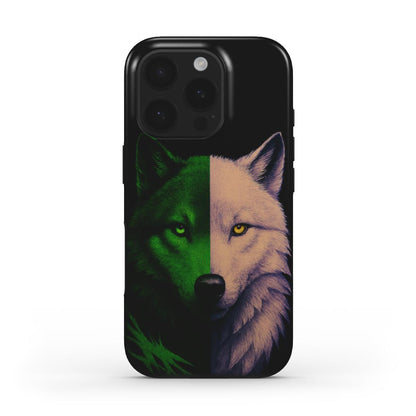 Husă Tough Xiaomi 11T, vedere spate, design lup hibrid verde-alb cu ochi verde și galben