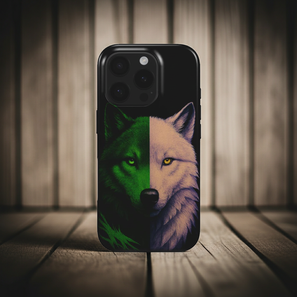 Husă Tough Xiaomi 11T, vedere spate, design lup hibrid verde-alb cu ochi verde și galben