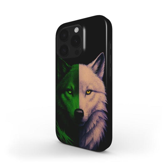 Husă Tough Xiaomi 11T, vedere față, design lup hibrid verde-alb cu ochi verde și galben