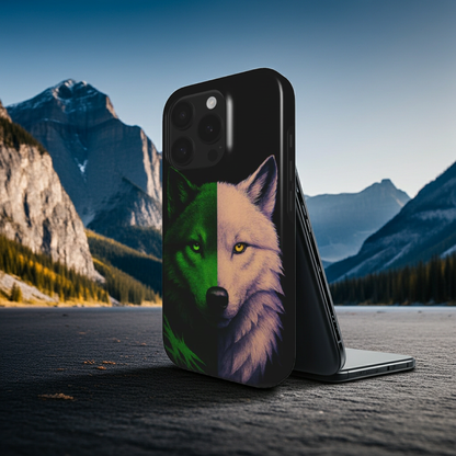 Husă Tough Xiaomi 11T, vedere față, design lup hibrid verde-alb cu ochi verde și galben