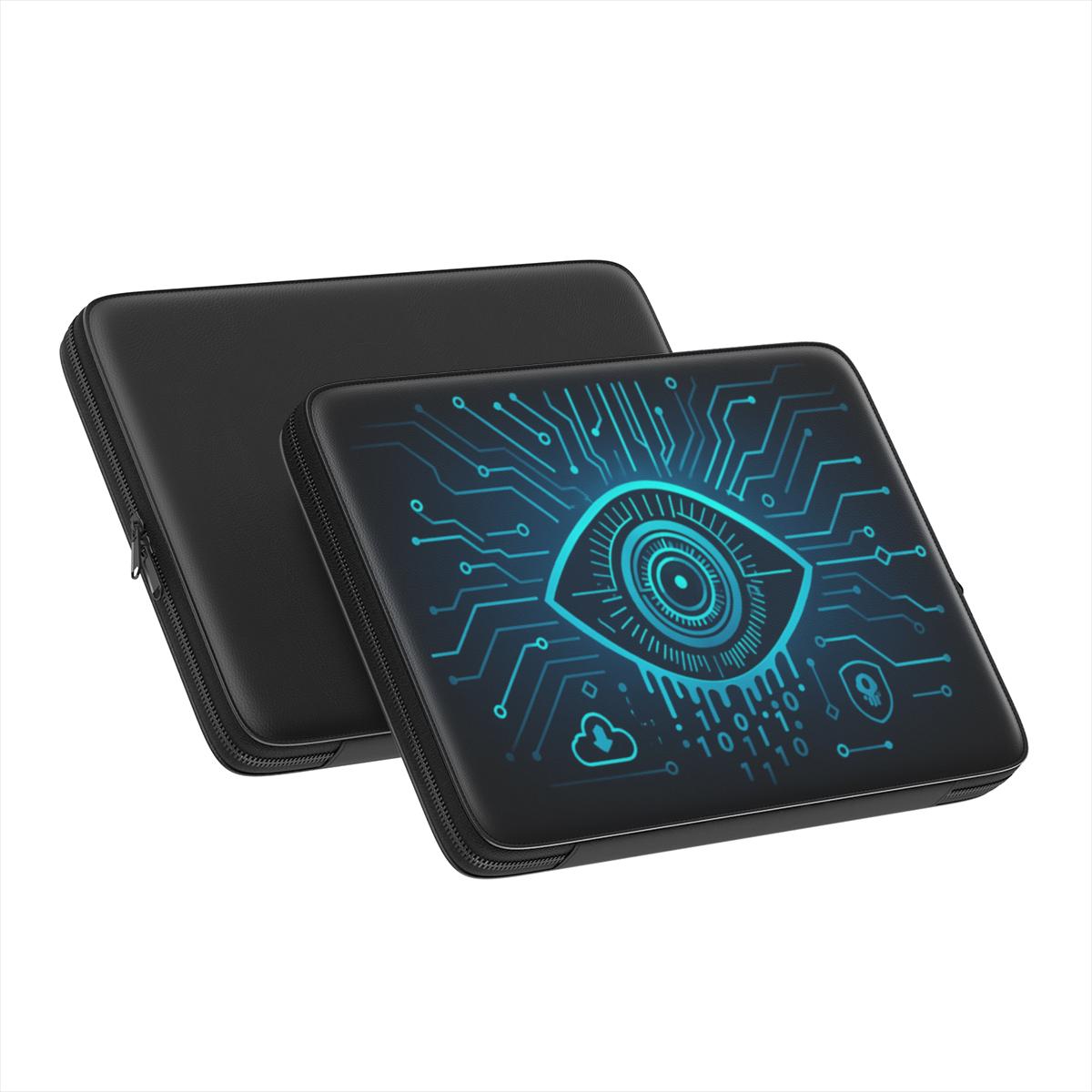 Husă premium laptop – vedere laterală înclinată cu detalii de finisaj