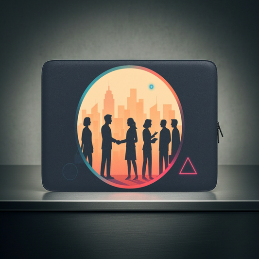 Husă premium laptop – vedere frontală cu design „Business & Networking”