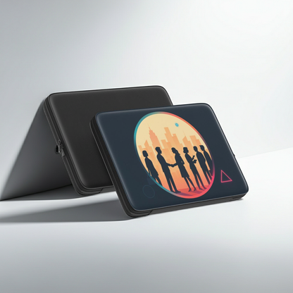 Husă premium laptop – vedere laterală înclinată cu detalii de finisaj