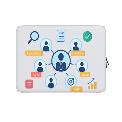 Husă premium laptop 13"/14"/16" – vedere frontală cu design „Skills & Leadership”