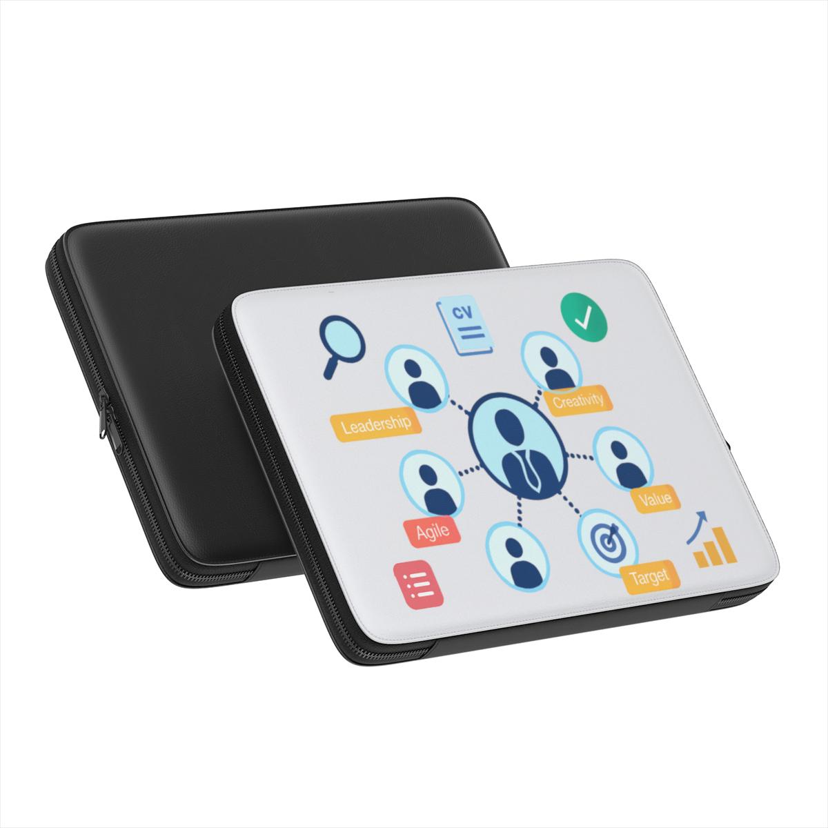 Husă premium laptop – vedere laterală înclinată cu detalii de finisaj