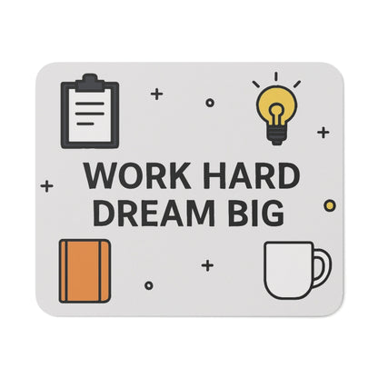 Mouse pad FocusFuel Office Edition pe fundal alb, design minimalist cu mesaj WORK HARD DREAM BIG