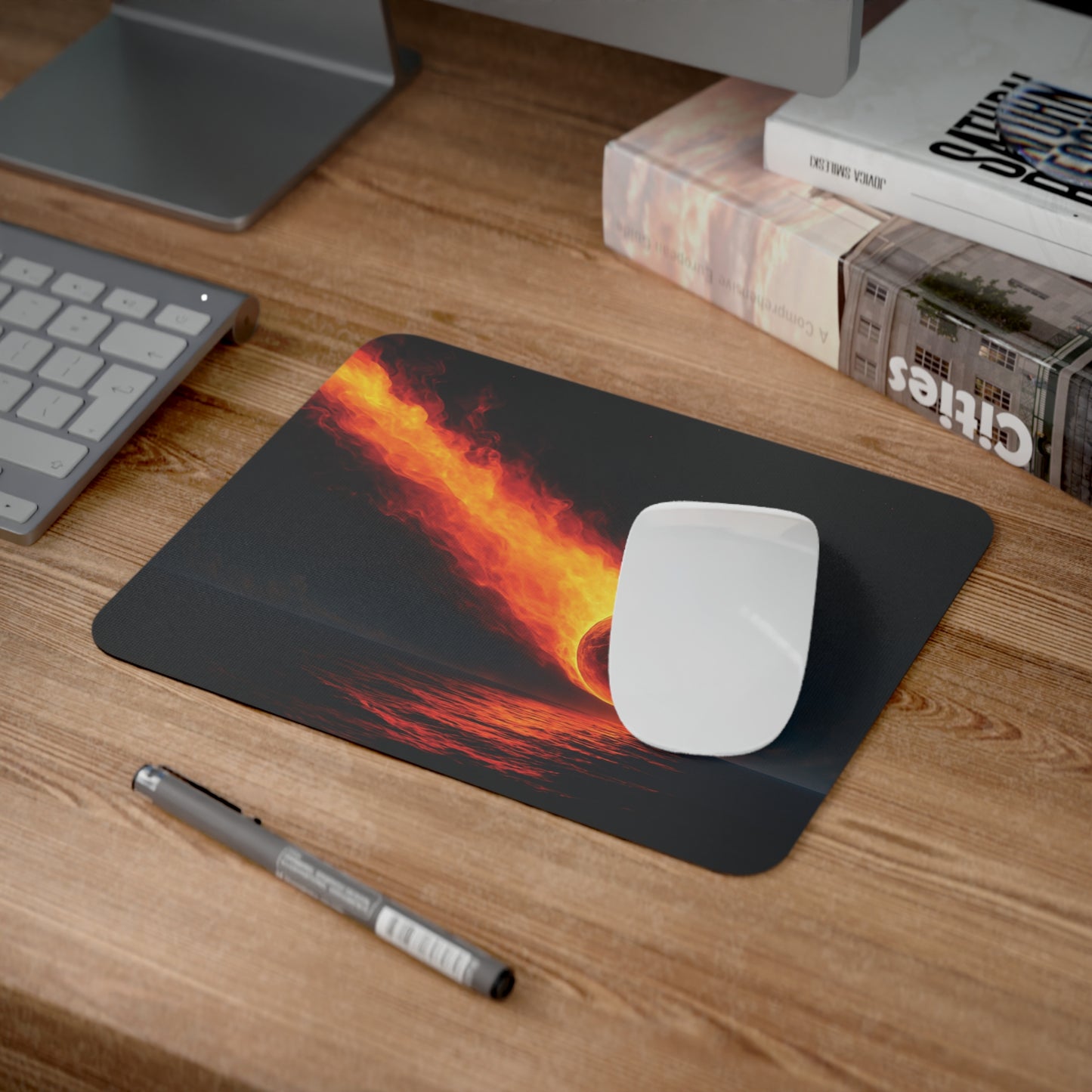 Mouse pad Impact Horizon Cosmic Edition pe birou, alt unghi, design supernovă incandescentă prăbușindu-se spre ocean