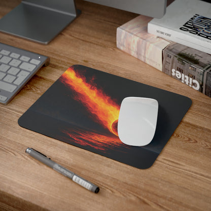Mouse pad Impact Horizon Cosmic Edition pe birou, alt unghi, design supernovă incandescentă prăbușindu-se spre ocean