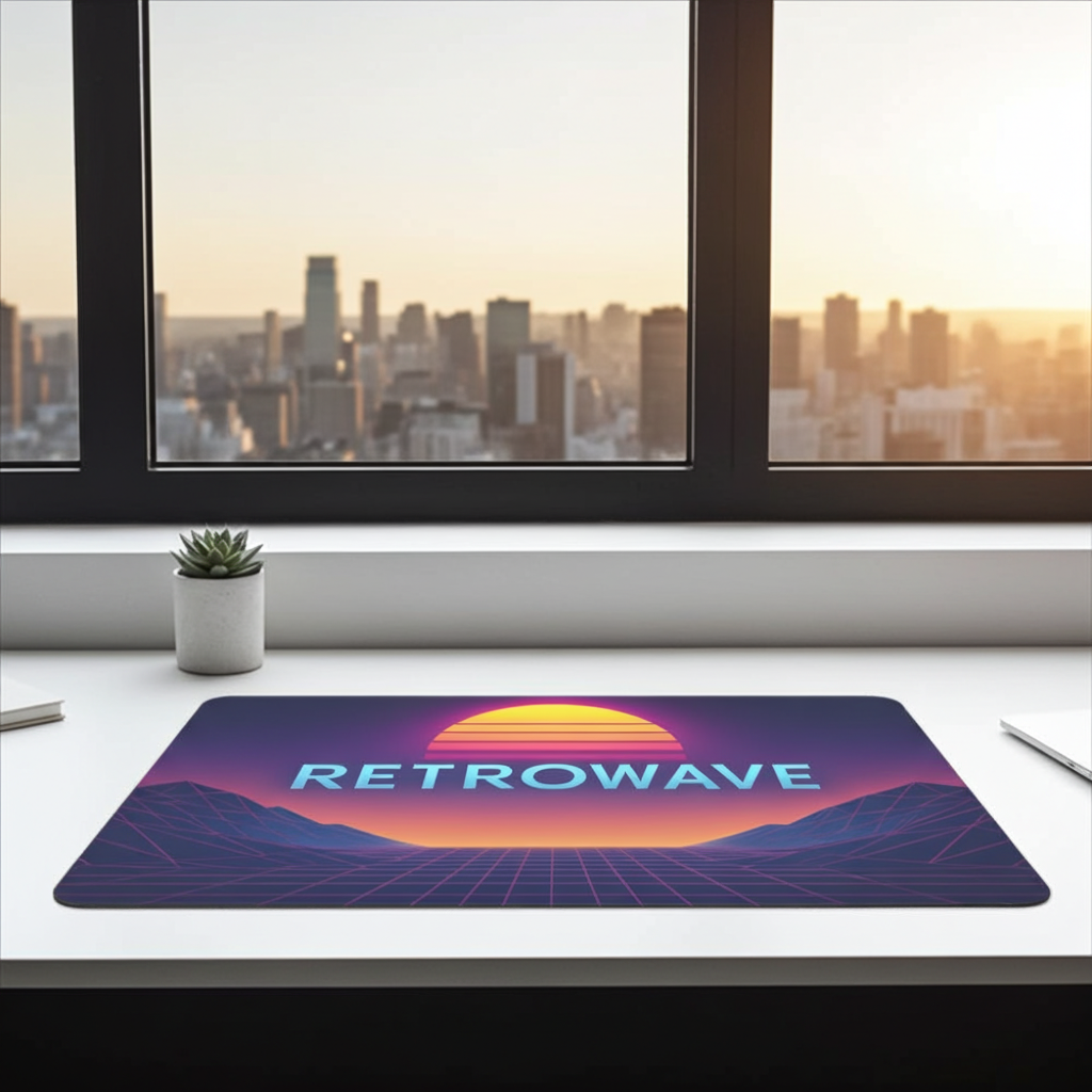 Mouse pad Retrowave neon sunset grid 23.5x19.7 cm 5 mm, top poliester, bază antiderapantă, pe birou