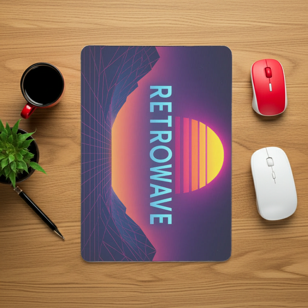 Mouse pad Retrowave neon sunset grid 23.5x19.7 cm 5 mm, top poliester, bază antiderapantă, pe birou