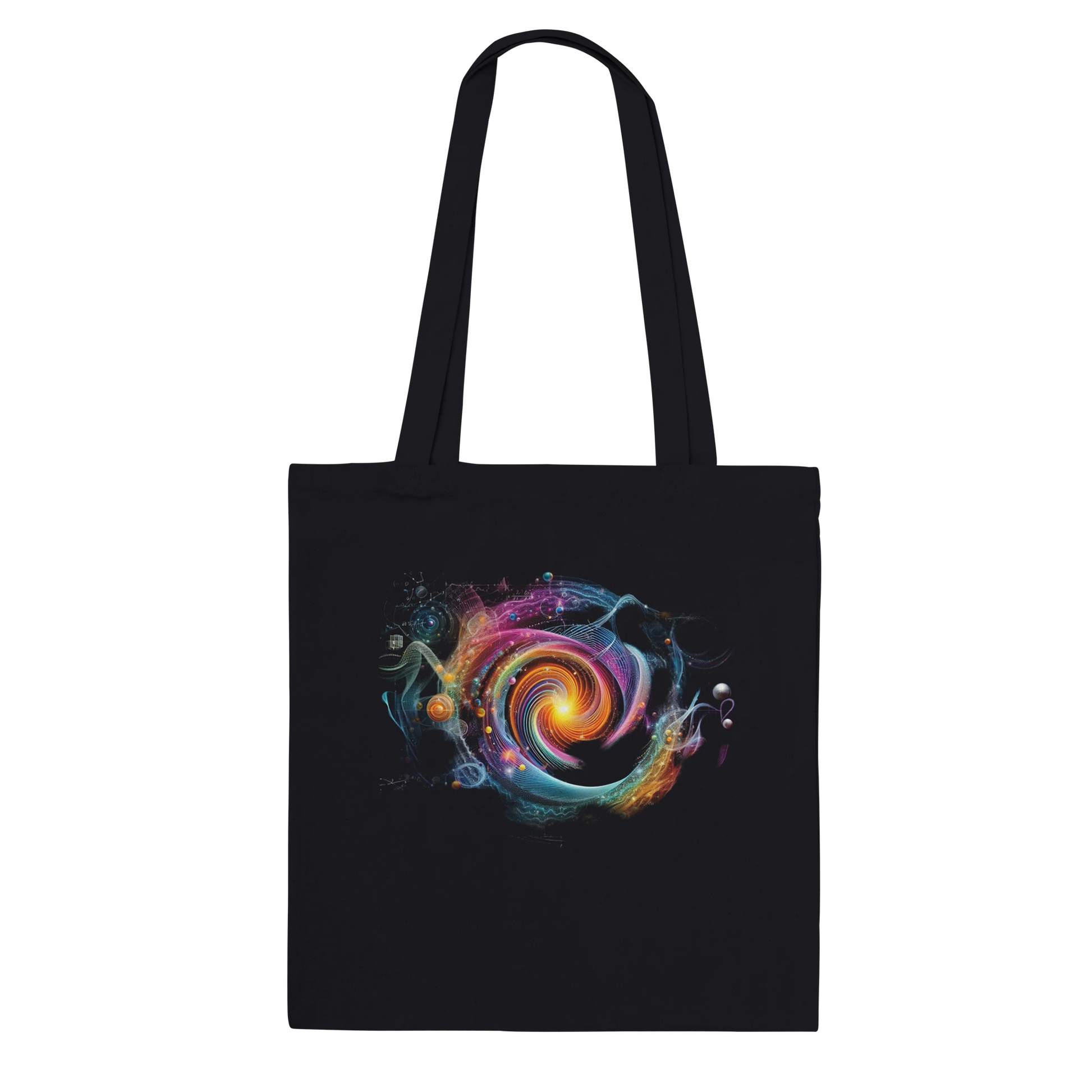 Tote bag din bumbac 100% cu design abstract cosmic Quantum Vibes, vedere spate