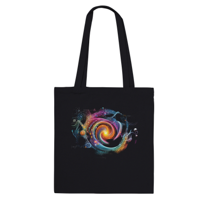 Tote bag din bumbac 100% cu design abstract cosmic Quantum Vibes, vedere spate