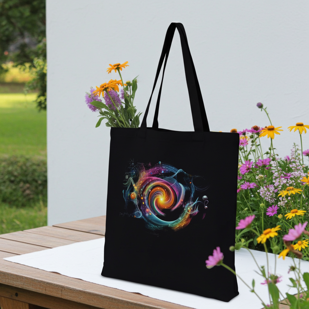 Tote bag din bumbac 100% cu design abstract cosmic Quantum Vibes, vedere față