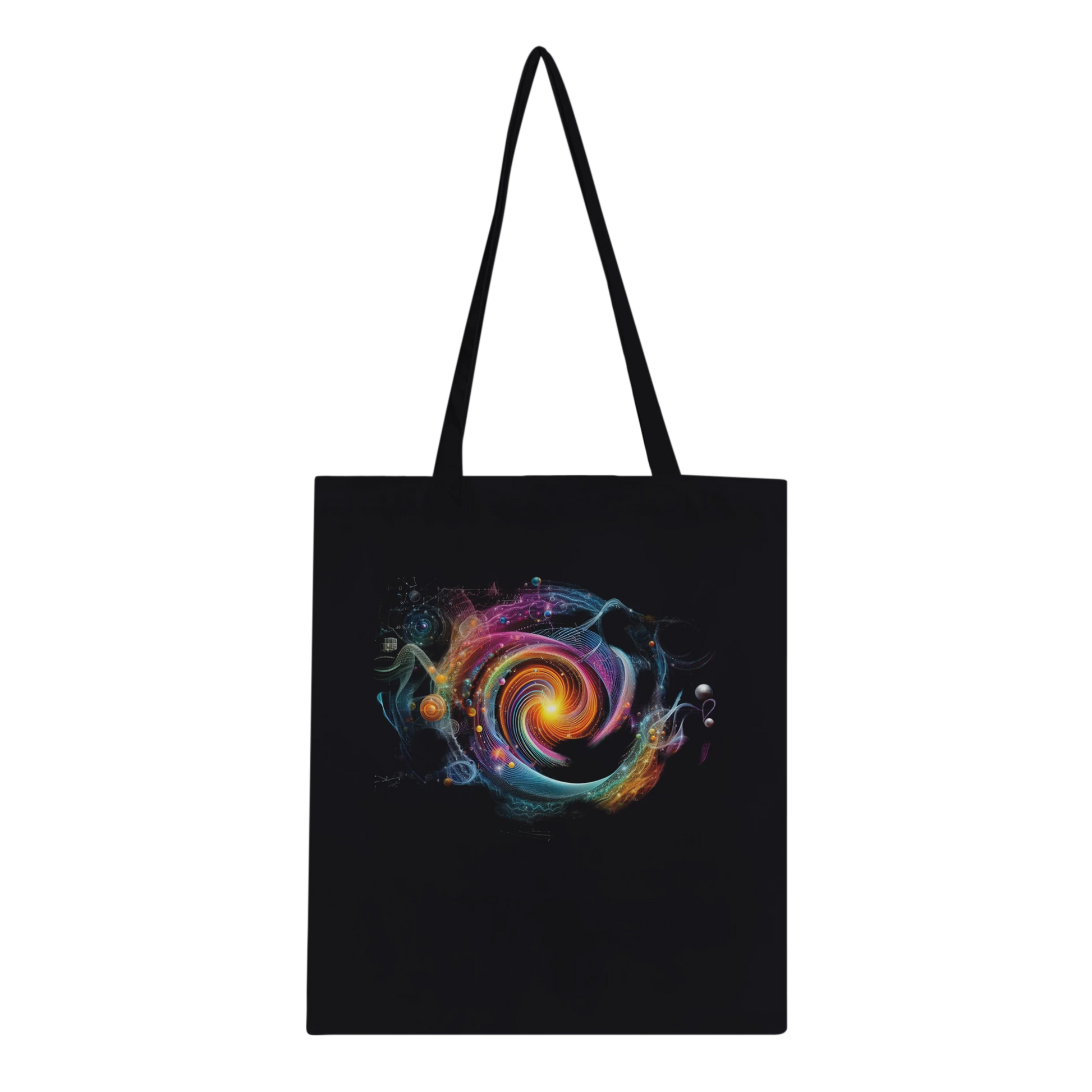 Tote bag din bumbac 100% cu design abstract cosmic Quantum Vibes, vedere față