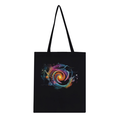 Tote bag din bumbac 100% cu design abstract cosmic Quantum Vibes, vedere față