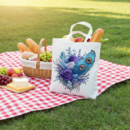Detaliu design Peacock Bloom cu trandafiri mov, frunze albastre și pene de păun, picnic in parc