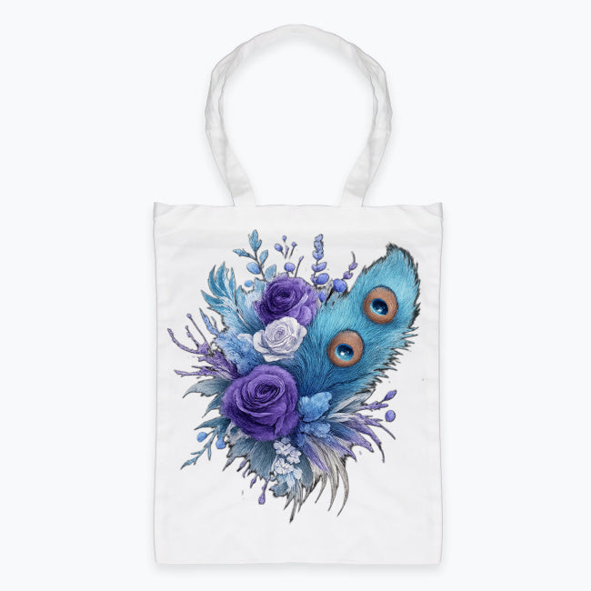 Tote bag Peacock Bloom pe fundal alb, design floral mov cu pene de păun