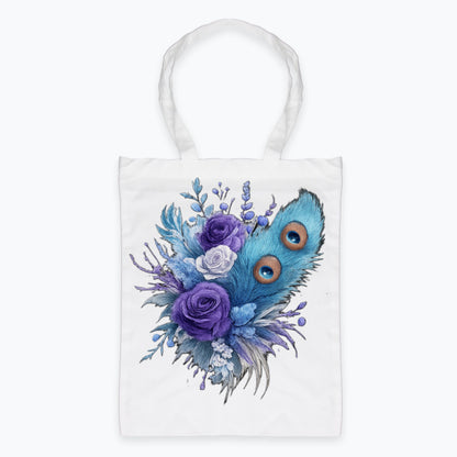 Tote bag Peacock Bloom pe fundal alb, design floral mov cu pene de păun