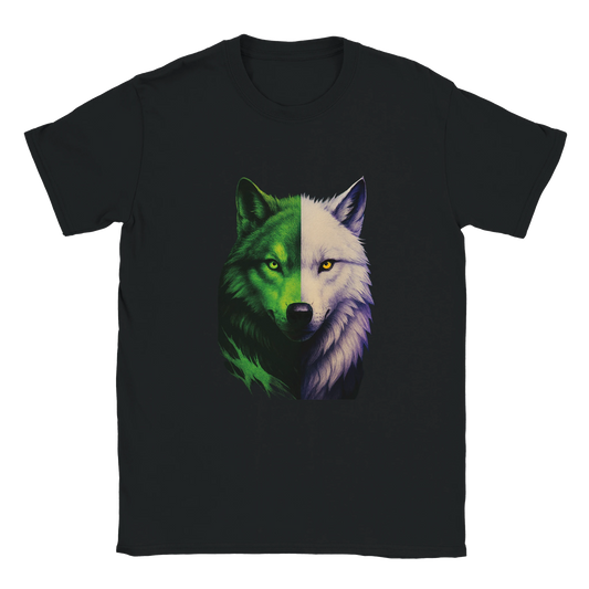 Tricou clasic unisex negru Gildan 64000 din bumbac 100% cu design lup hibrid