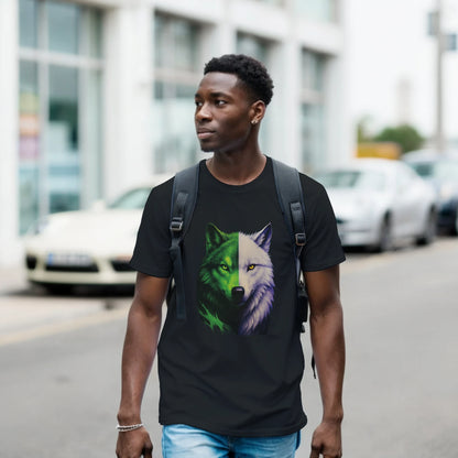 Tricou clasic unisex negru cu lup hibrid, purtat de model băiat, vedere frontală