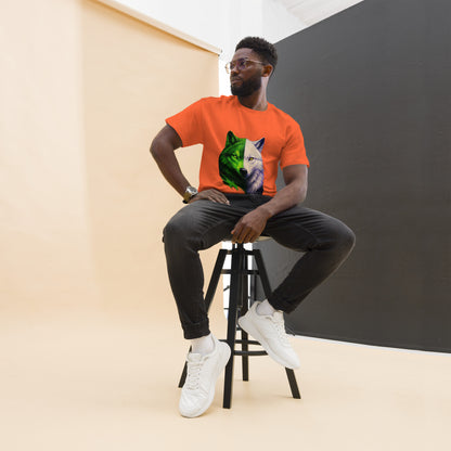 Tricou clasic unisex portocaliu din bumbac 100% cu design lup hibrid, purtat de model