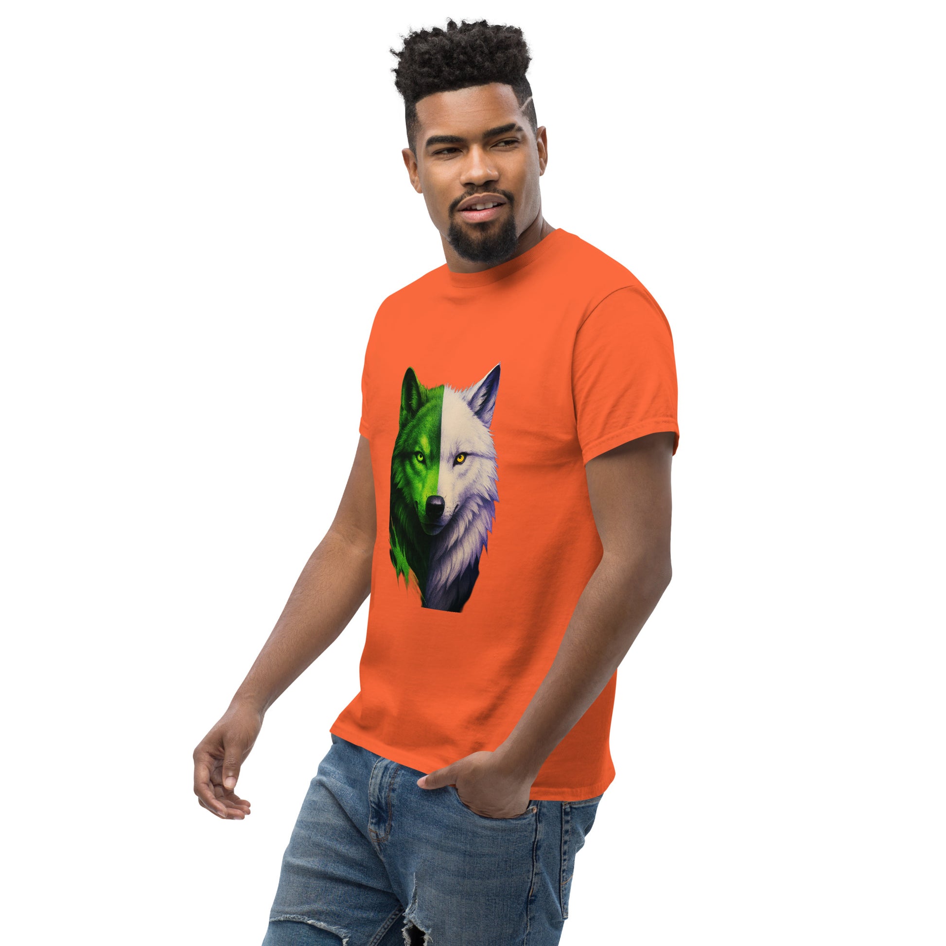 Tricou clasic unisex portocaliu cu lup hibrid, detaliu design pe piept