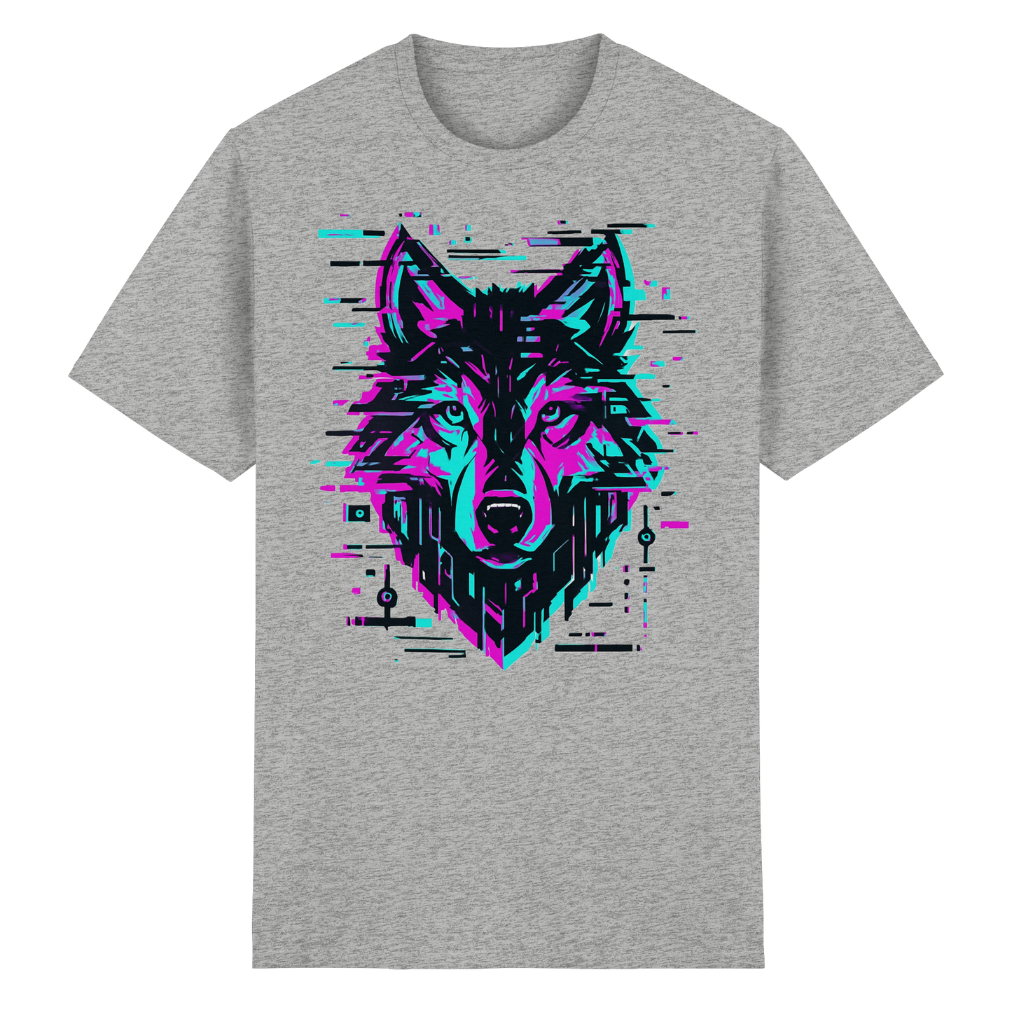 Tricou Heavy Cotton Gildan 5000 ash grey cu design lup hibrid geometric neon, vedere frontală pe fundal alb