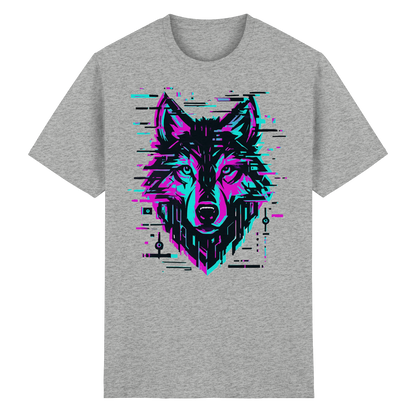 Tricou Heavy Cotton Gildan 5000 ash grey cu design lup hibrid geometric neon, vedere frontală pe fundal alb