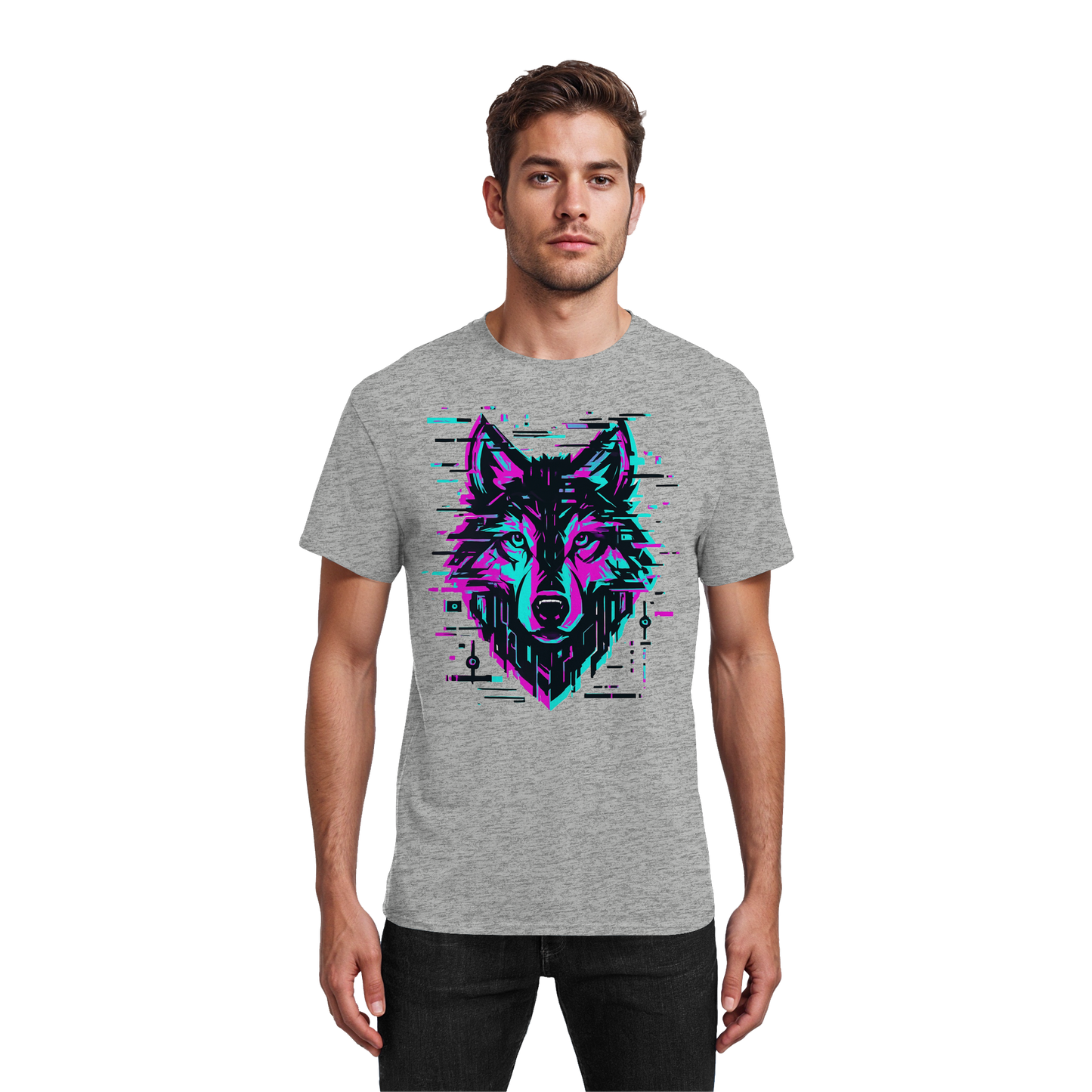 Tricou Heavy Cotton Gildan 5000 ash grey cu design lup hibrid geometric neon, purtat de model