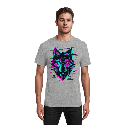 Tricou Heavy Cotton Gildan 5000 ash grey cu design lup hibrid geometric neon, purtat de model