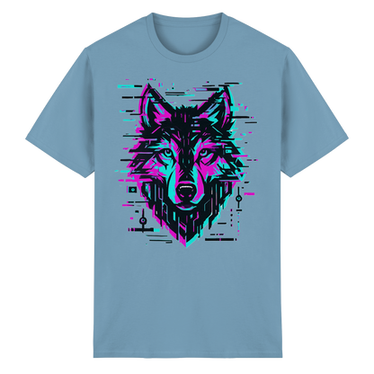 Tricou Heavy Cotton Gildan 5000 carolina blue cu design lup hibrid geometric neon, vedere frontală pe fundal alb