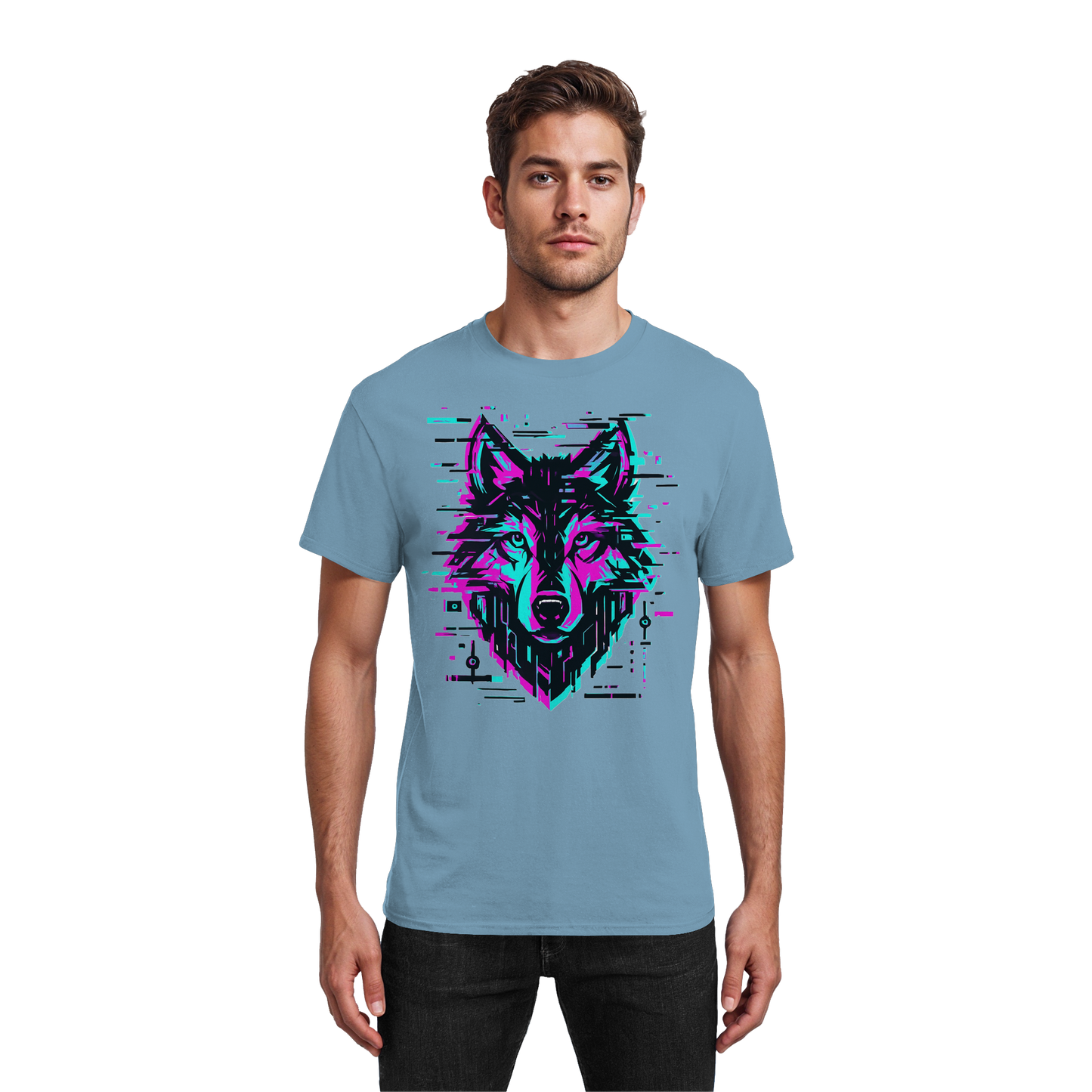 Tricou Heavy Cotton Gildan 5000 carolina blue cu design lup hibrid geometric neon, purtat de model