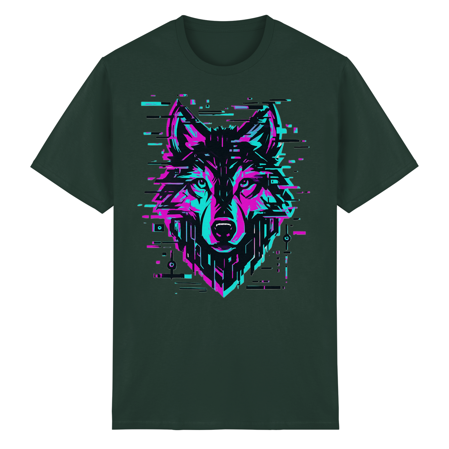 Tricou Heavy Cotton Gildan 5000 forest green cu design lup hibrid geometric neon, vedere frontală pe fundal alb
